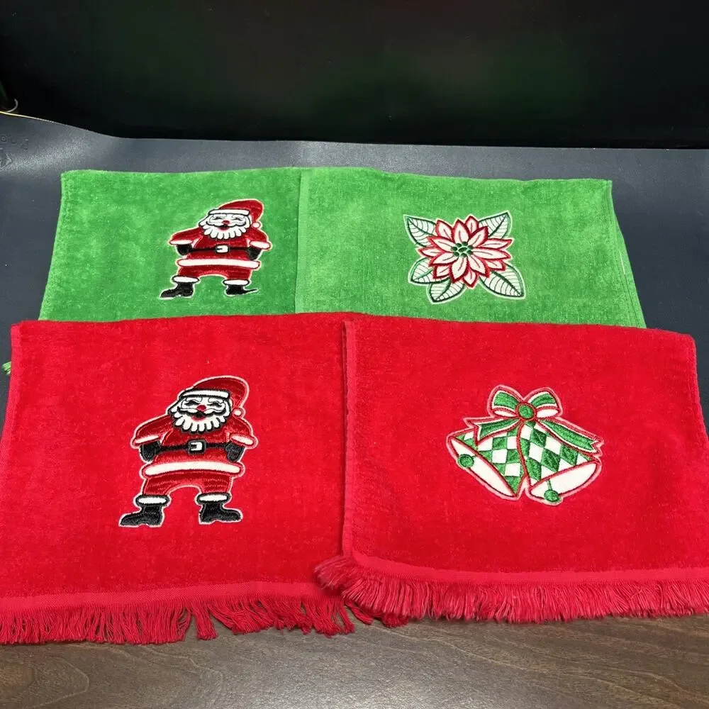 Vtg Christmas Hand Towels Embroidered Santa, Bells, Golden Crown & Cannon USA